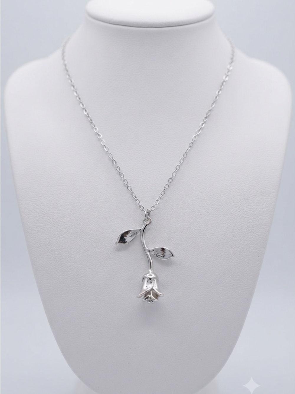 Silver-Tone Stemming Rose Flower Pendant Necklace